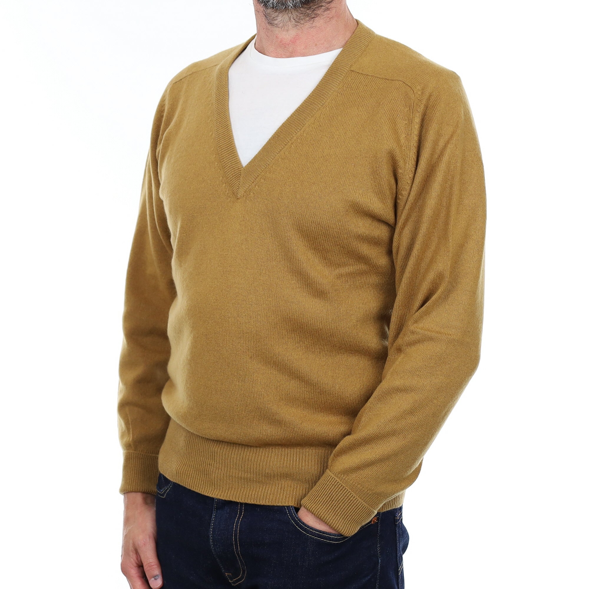 Men's Vintage Golden Brown Cashmere V Neck Jumper Small