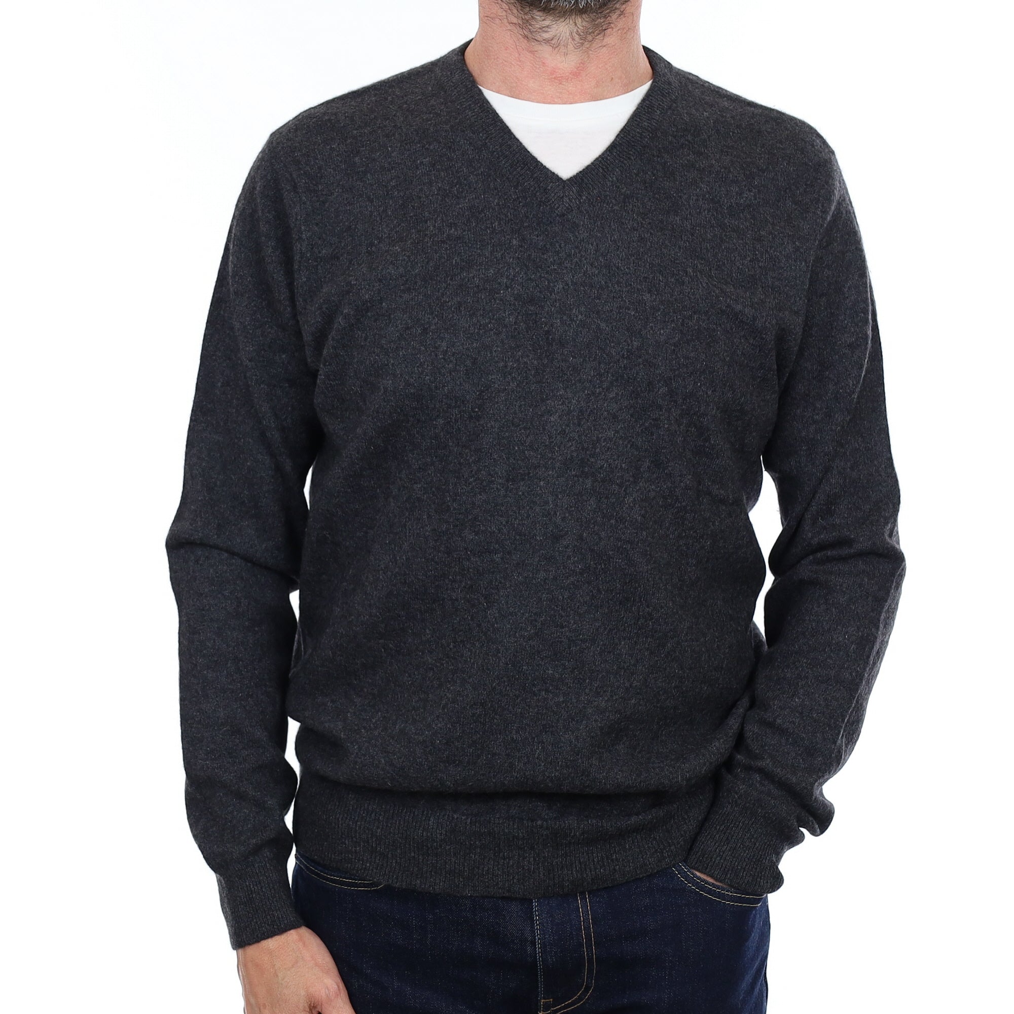 Men's Charcoal Grey Cashmere V Neck Jumper Small