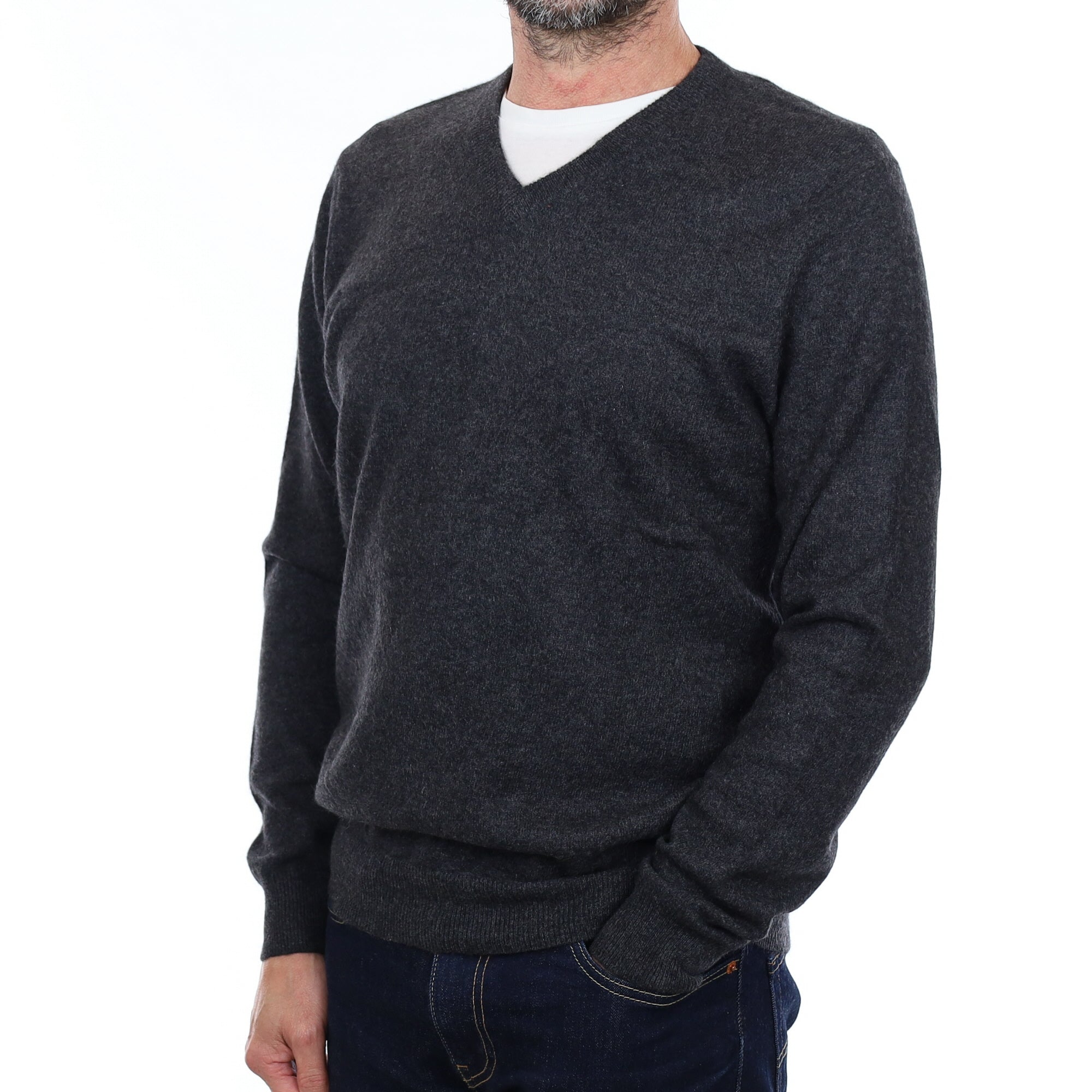 Men's Charcoal Grey Cashmere V Neck Jumper Small