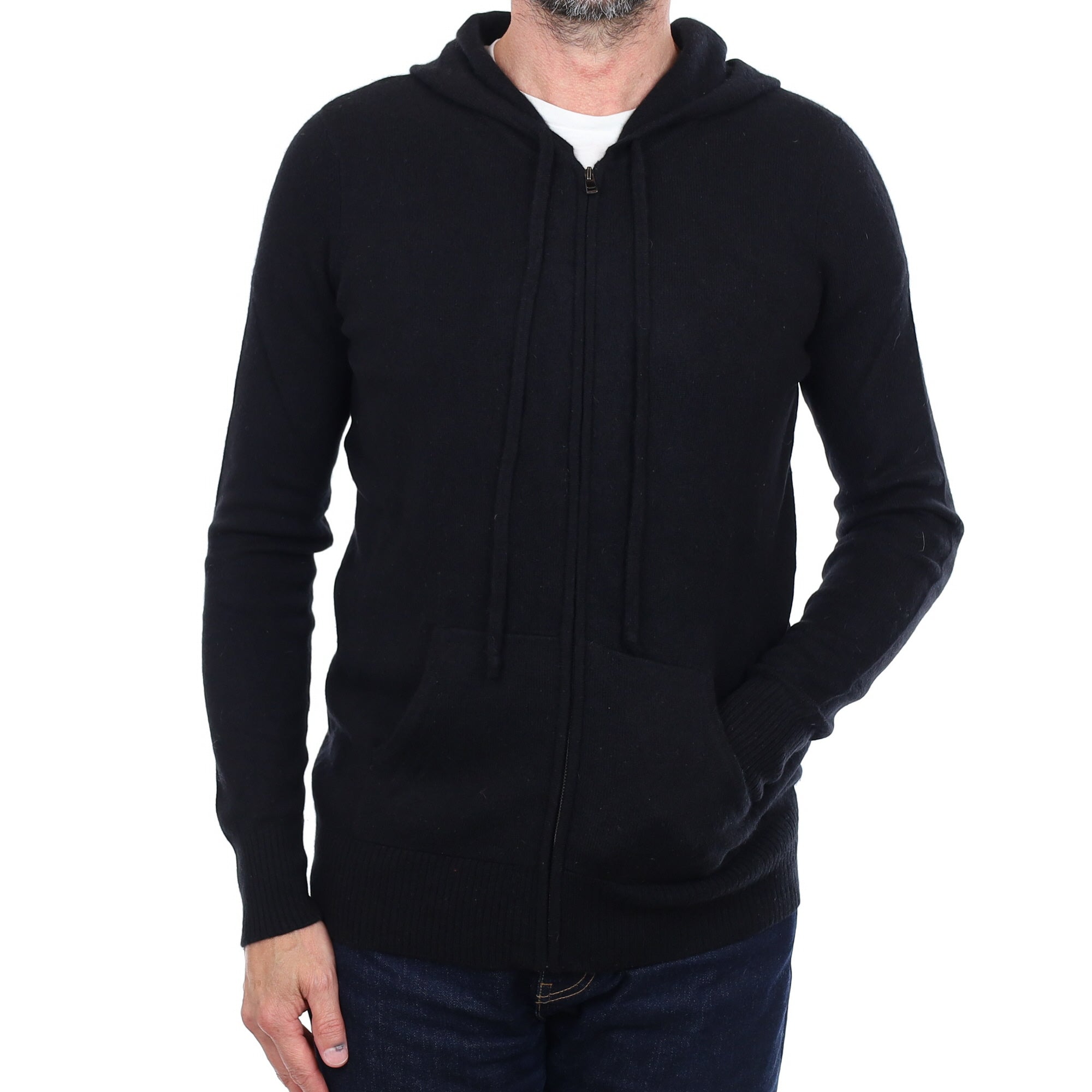 Men's Black Cashmere Zip Up Hoodie Jumper with Pockets Small