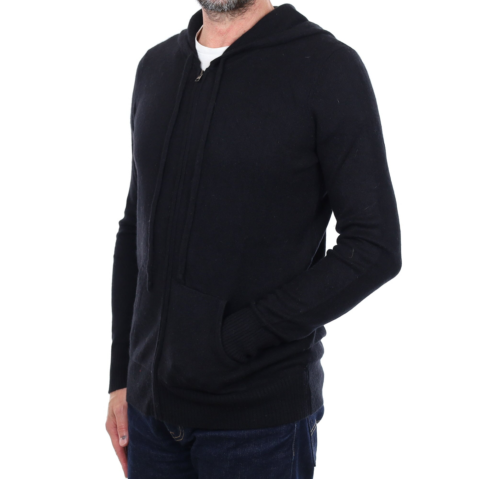Men's Black Cashmere Zip Up Hoodie Jumper with Pockets Small