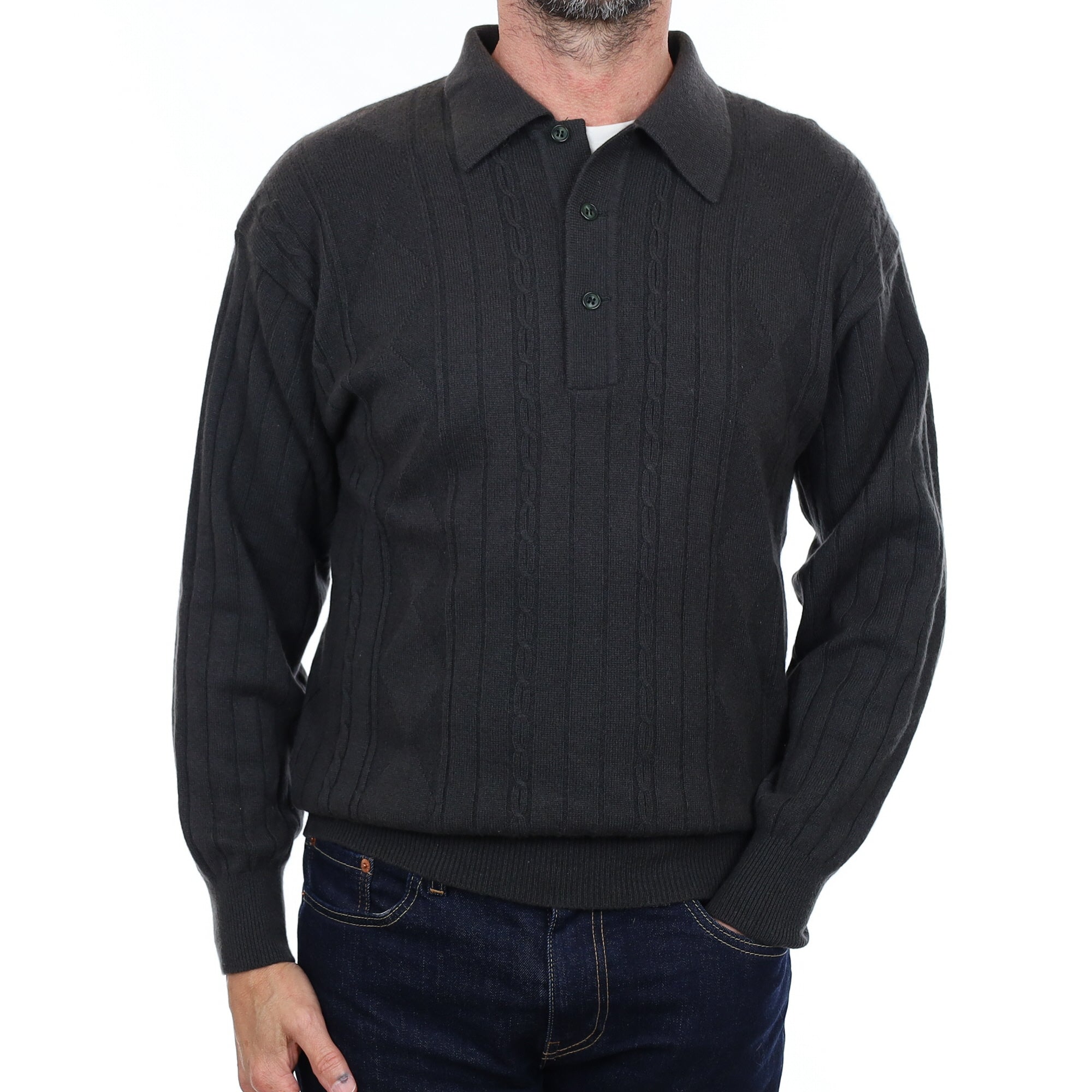Men's Deep Army Green Cashmere Collared 1/4 Button Jumper Small