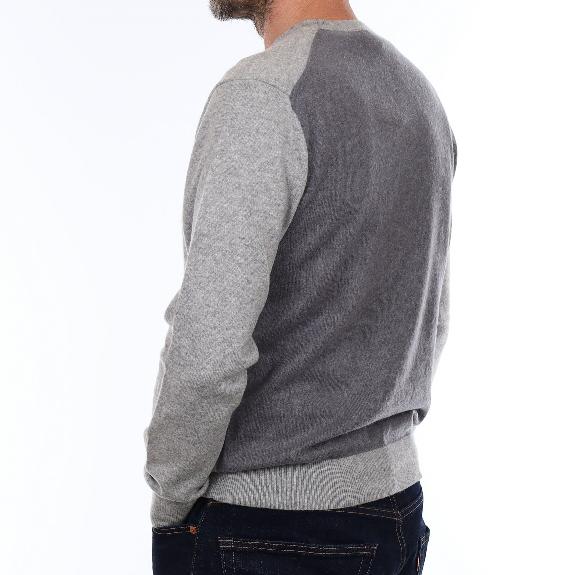 Men's Two Tone Grey Cashmere Crew Neck Jumper Small