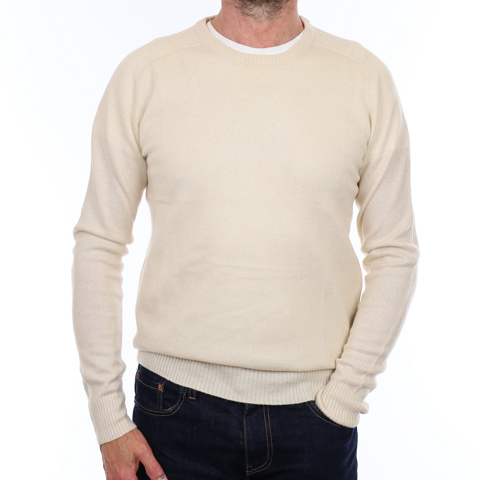 Men's Ivory Cashmere Crew Neck Jumper Small