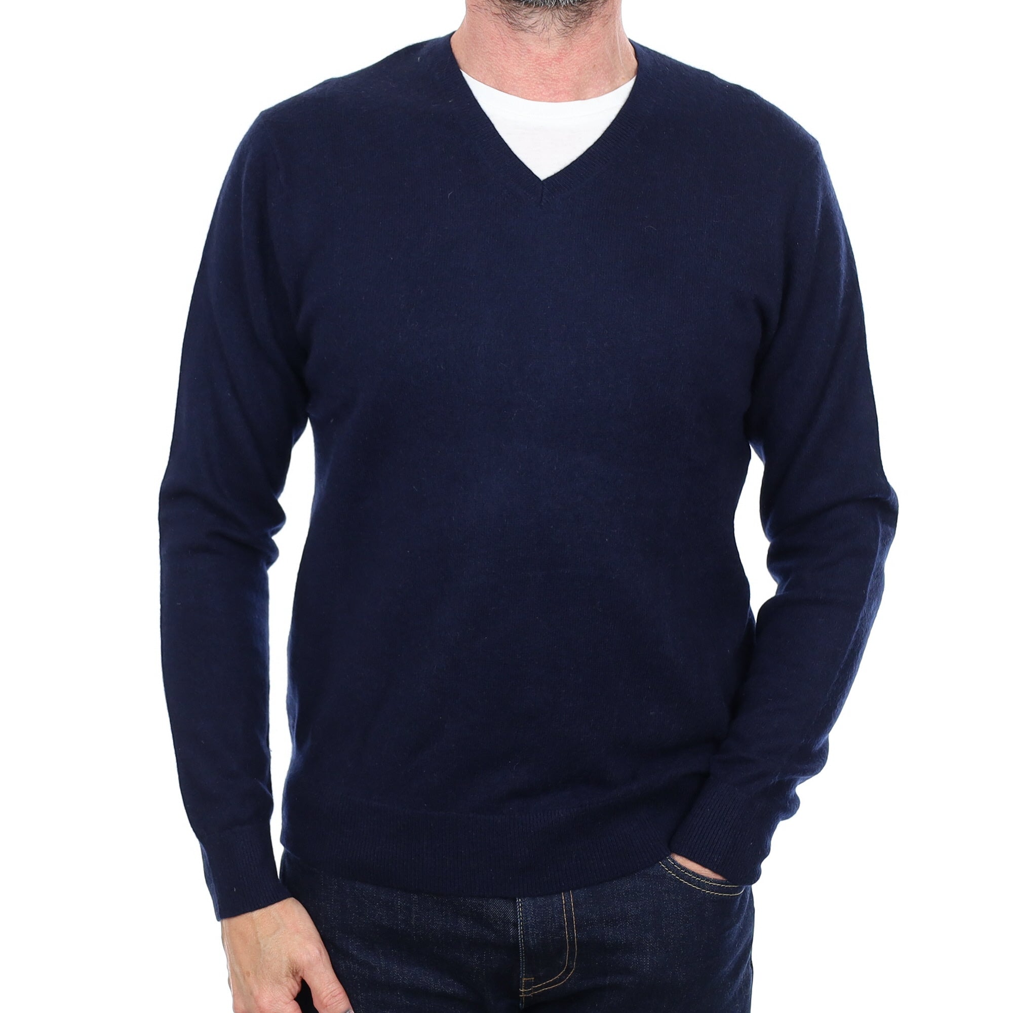 Men's Navy Blue Cashmere V Neck Jumper Small