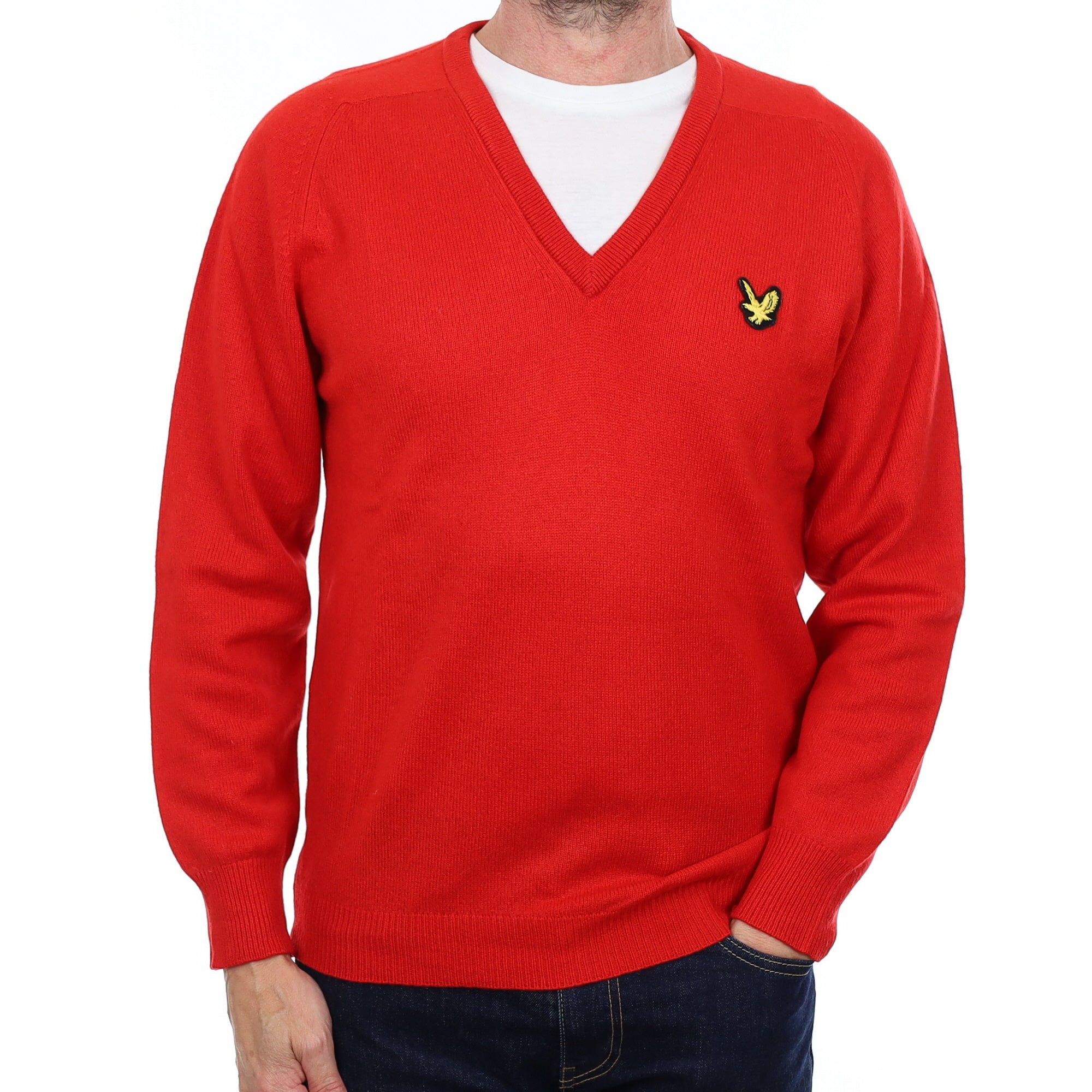 Men's Scottish Vermillion Red Cashmere V Neck Jumper Small