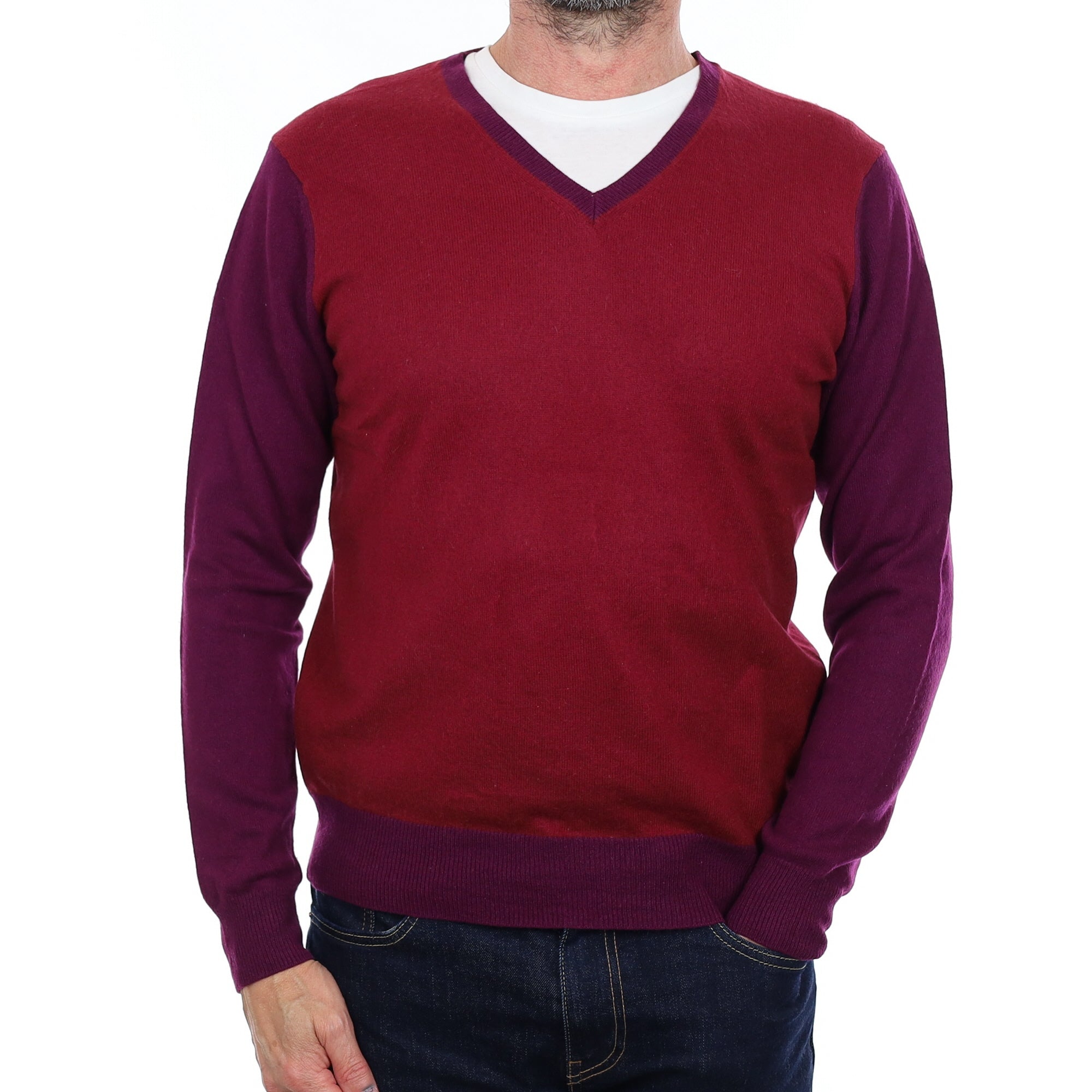 Men's Burgundy and Plum Cashmere V Neck Jumper Small