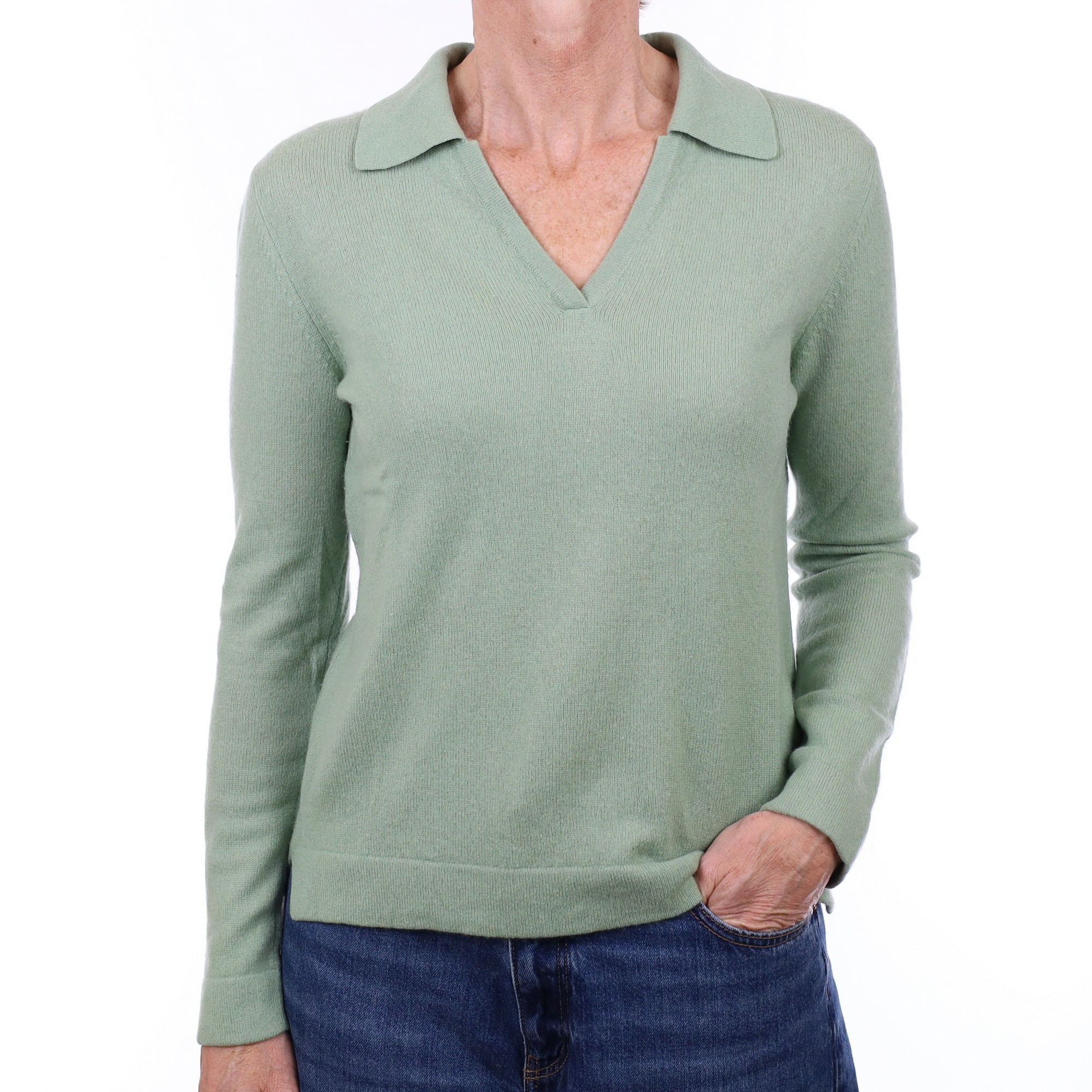 Chicory Green Cashmere Collared V Neck Jumper Small