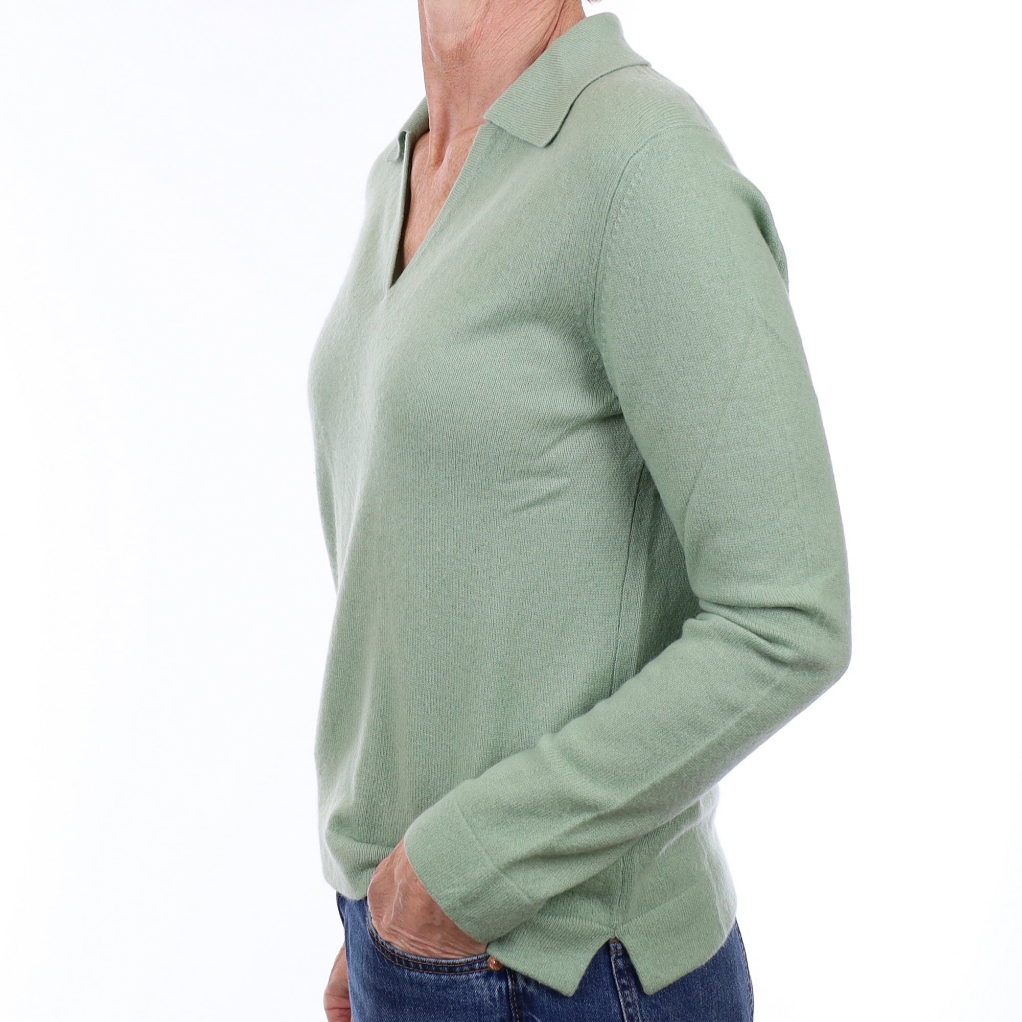 Chicory Green Cashmere Collared V Neck Jumper Small