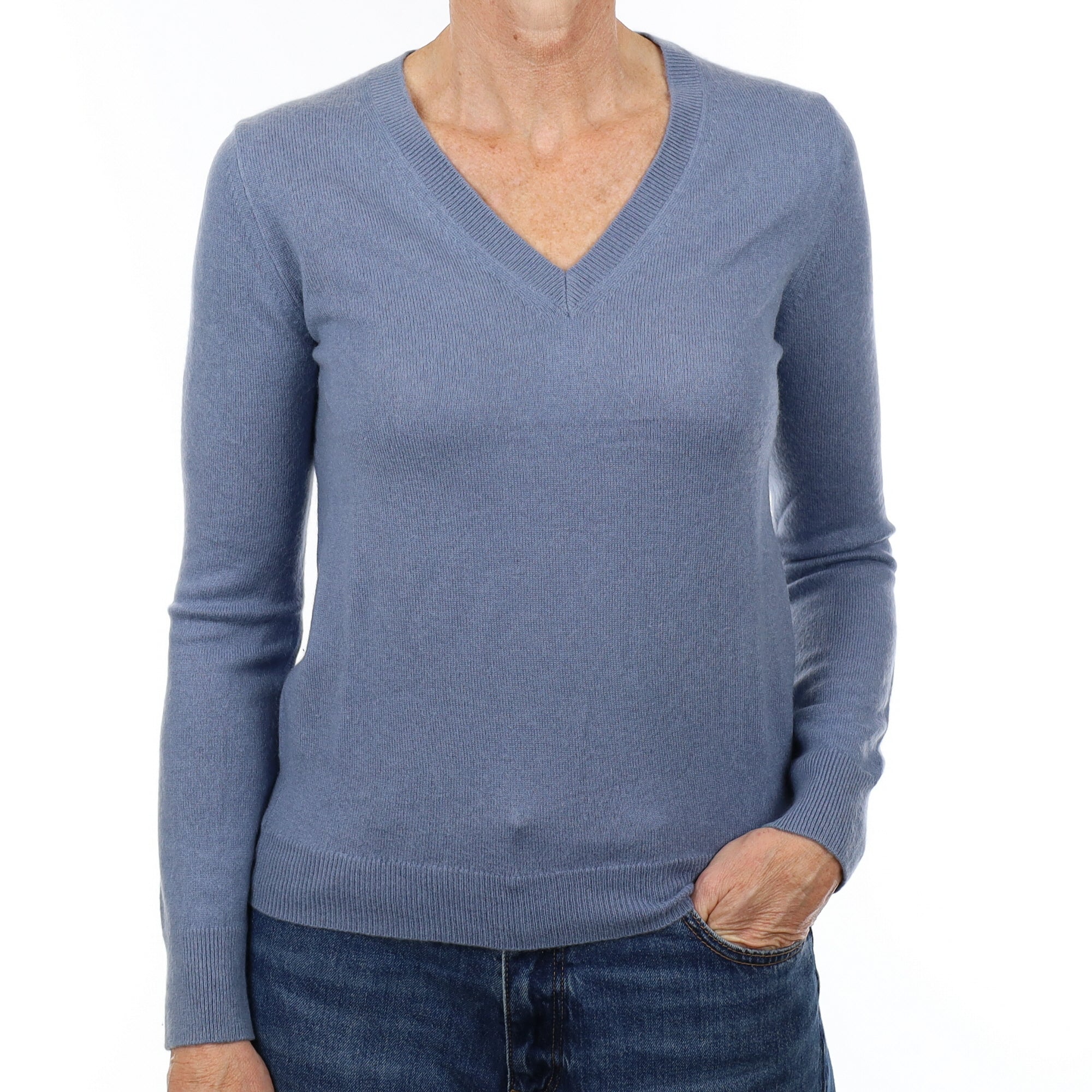 Dusky Blue Cashmere V Neck Jumper Small
