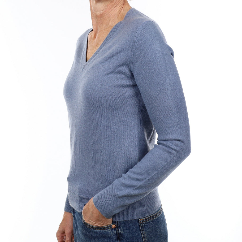 Dusky Blue Cashmere V Neck Jumper Small