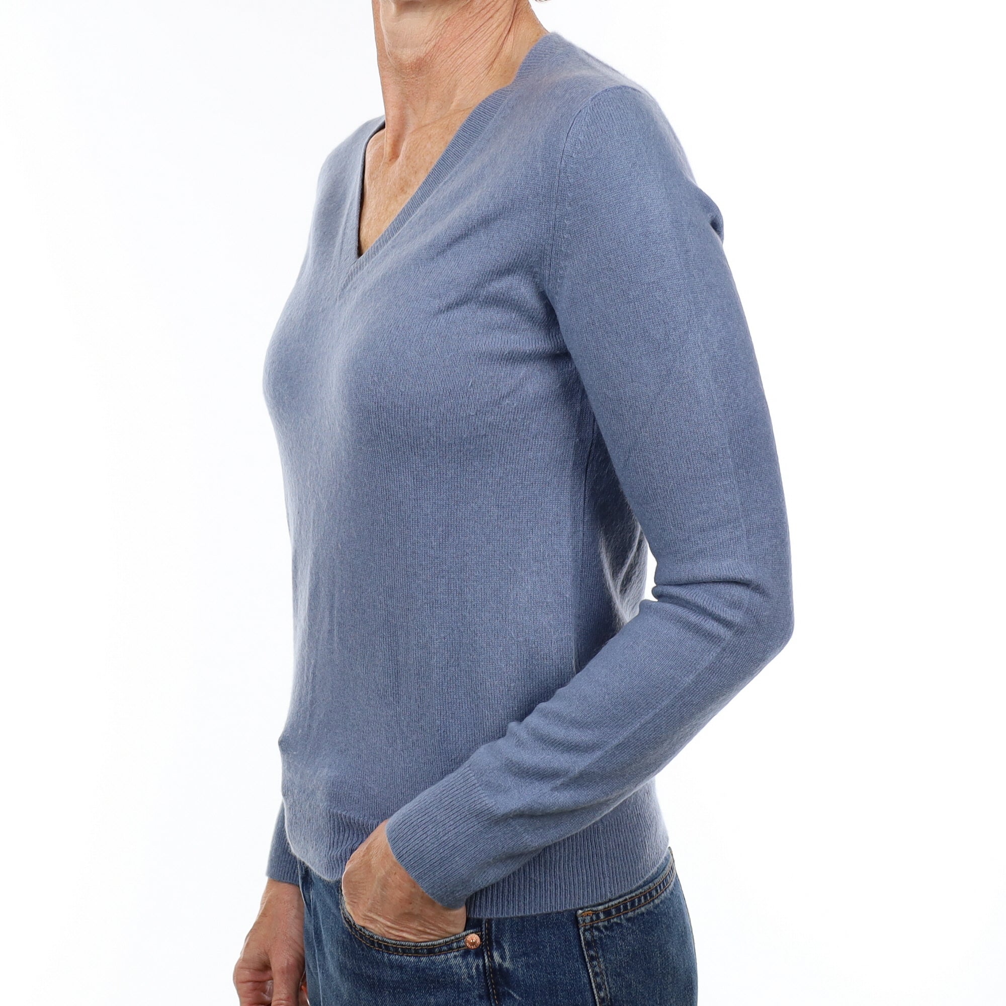 Dusky Blue Cashmere V Neck Jumper Small