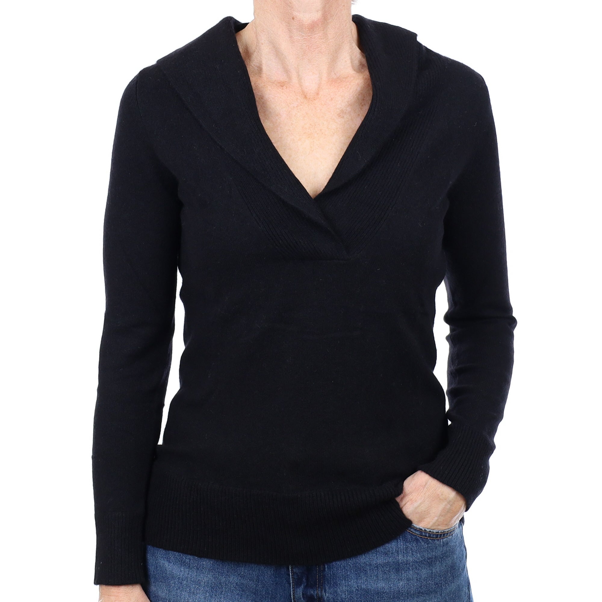 Black Cashmere Shawl Collar V Neck Jumper Small