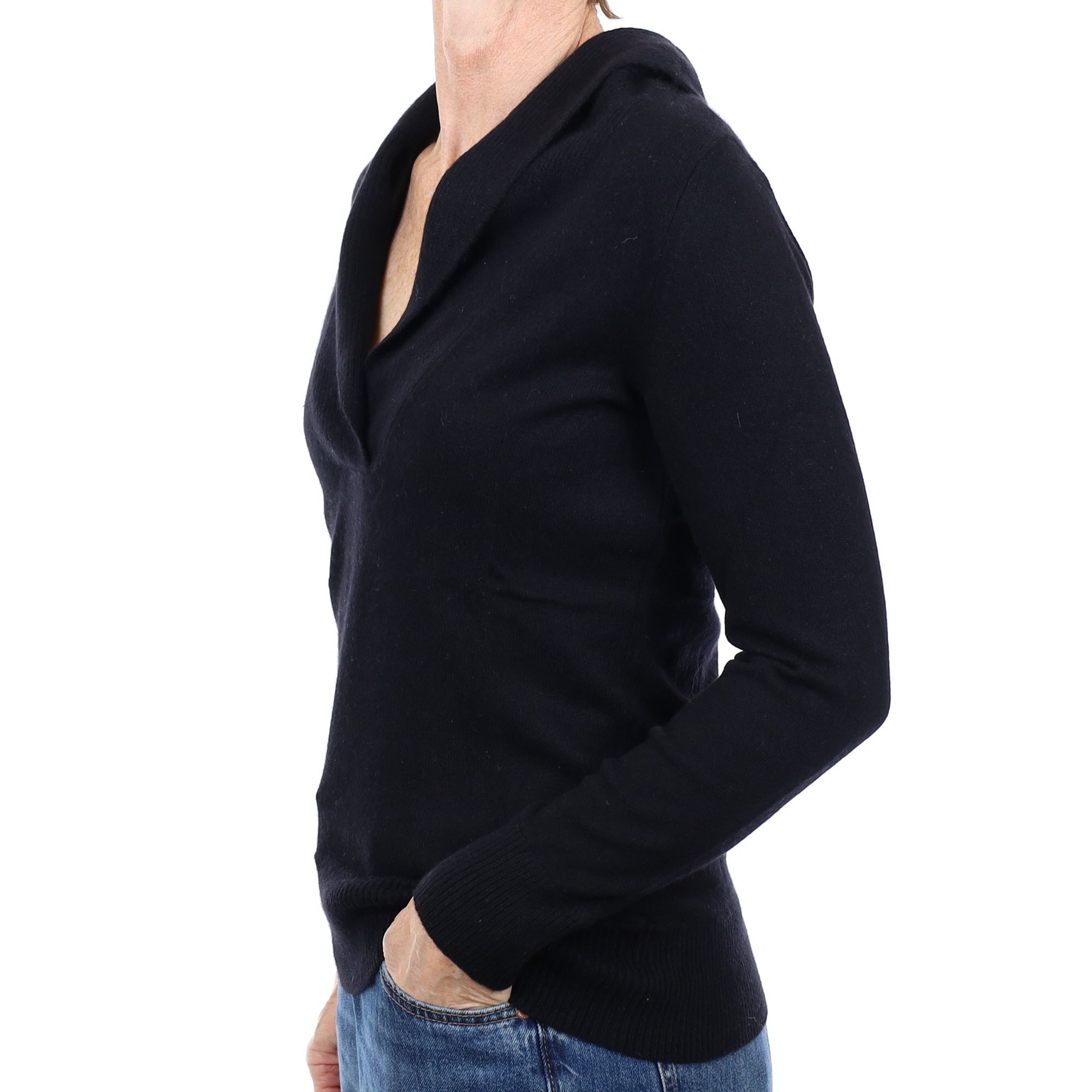 Black Cashmere Shawl Collar V Neck Jumper Small