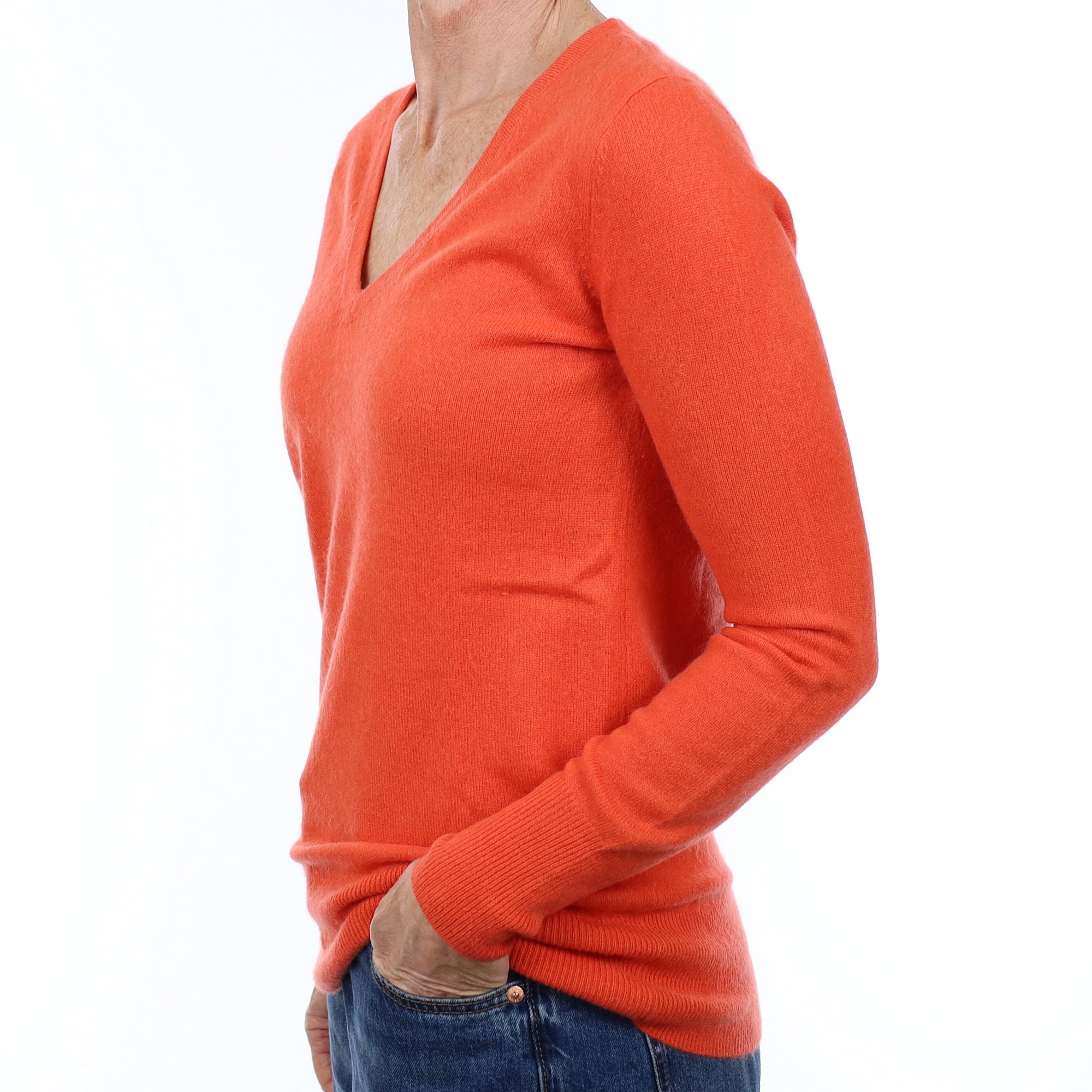 Sunset Orange Cashmere V Neck Jumper Small