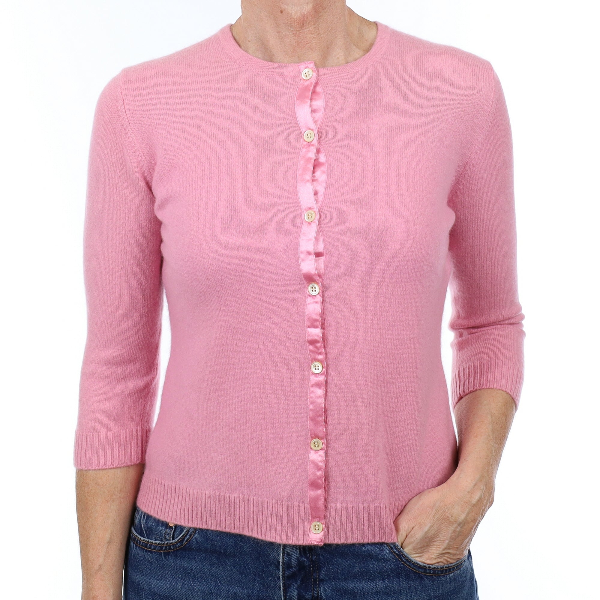 Candy Pink Cashmere 3/4 Sleeve Crew Neck Cardigan Small