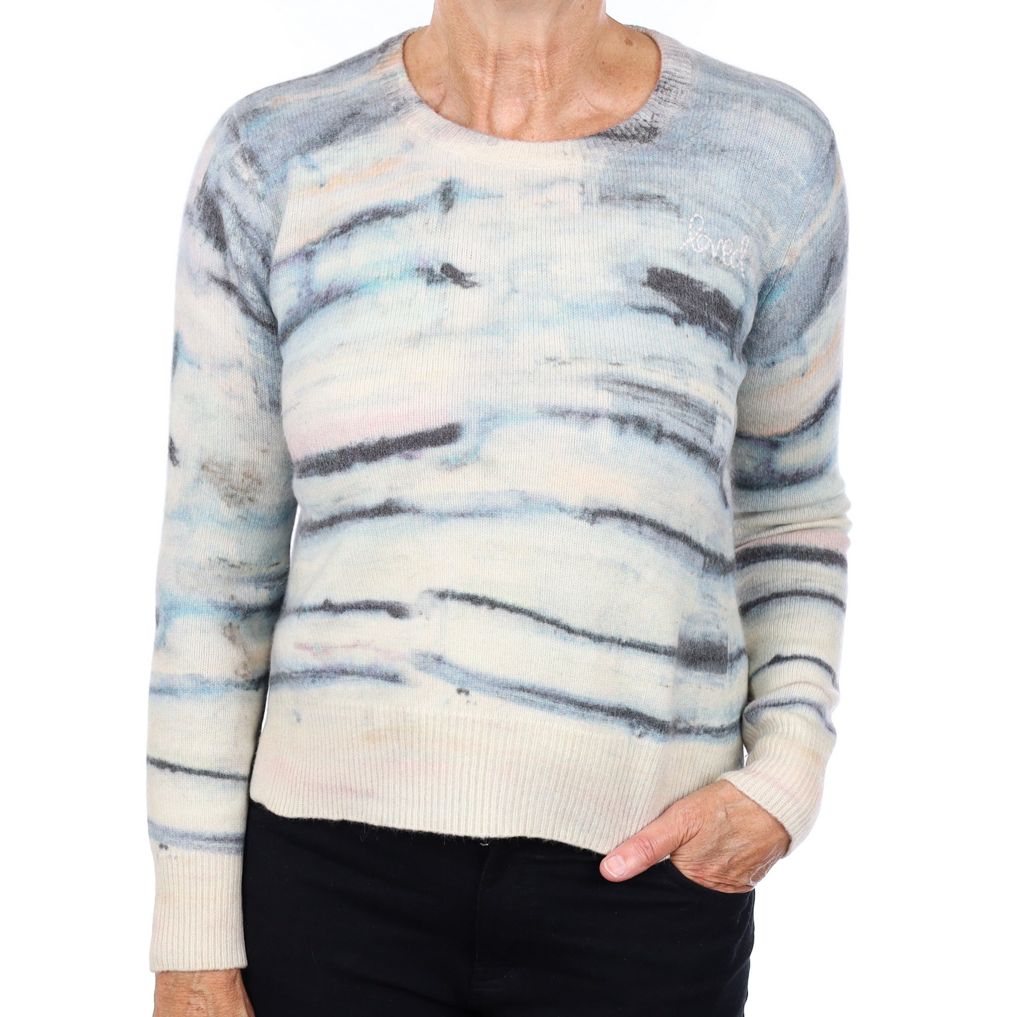 Kerri Rosenthal Blue and Cream Patterned Cashmere Crew Neck Jumper with Elbow Patches Medium