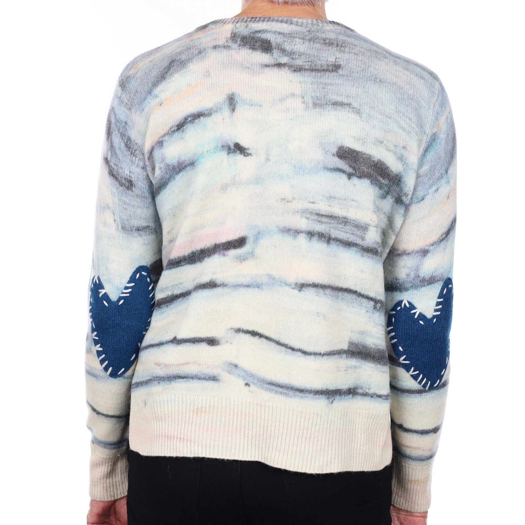 Kerri Rosenthal Blue and Cream Patterned Cashmere Crew Neck Jumper with Elbow Patches Medium