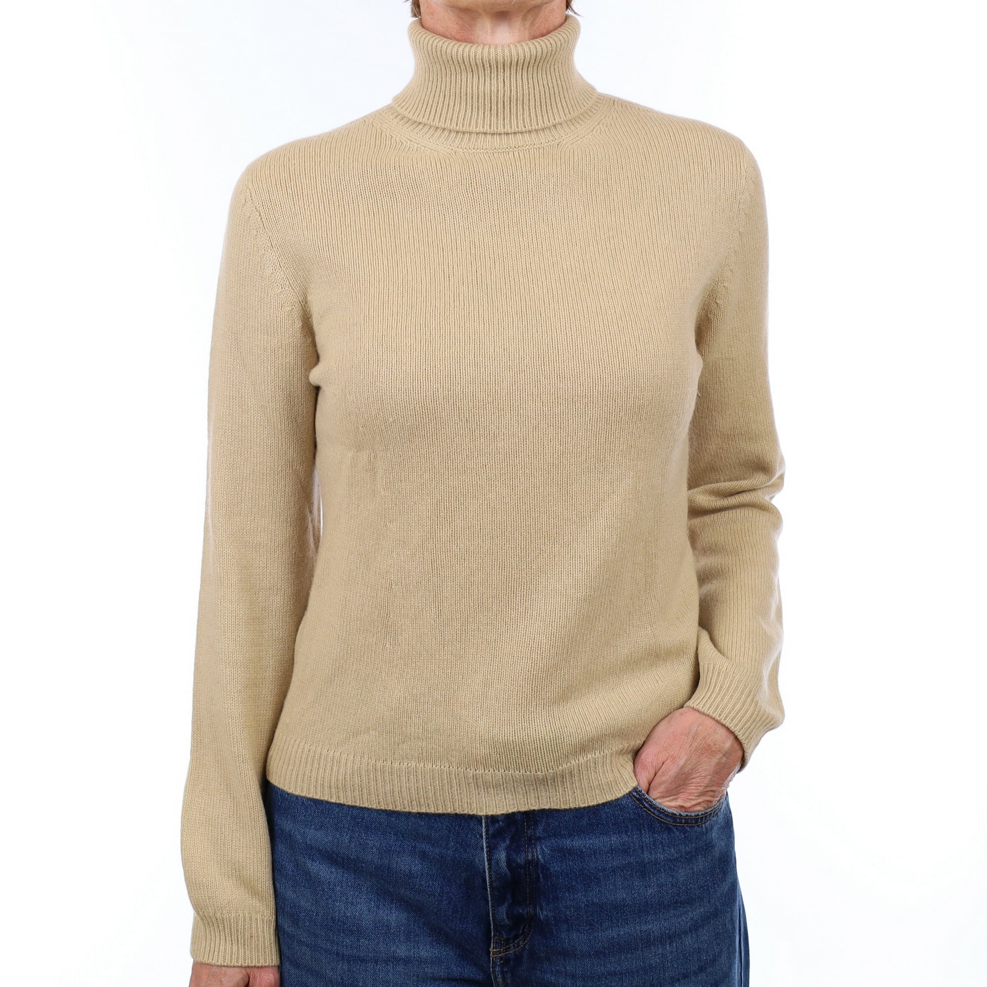 Beige Heavy Knit Cashmere Polo Neck Jumper Small