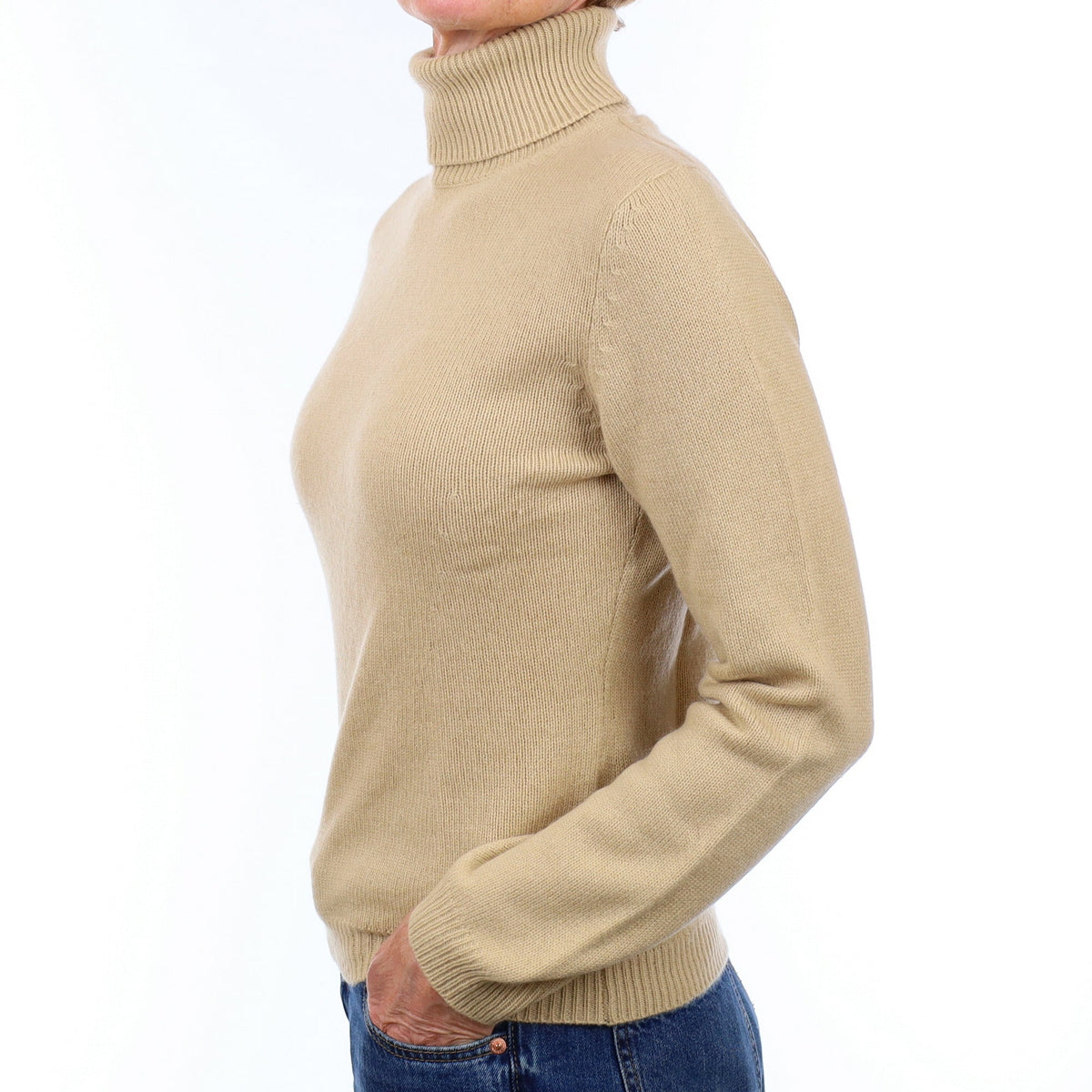 Beige Heavy Knit Cashmere Polo Neck Jumper Small