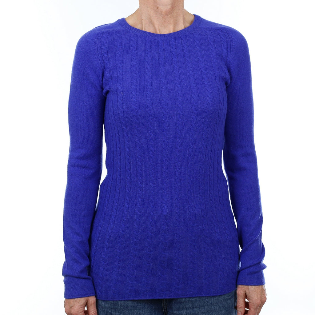 Electric Blue Cable Front Cashmere Crew Neck Jumper Small