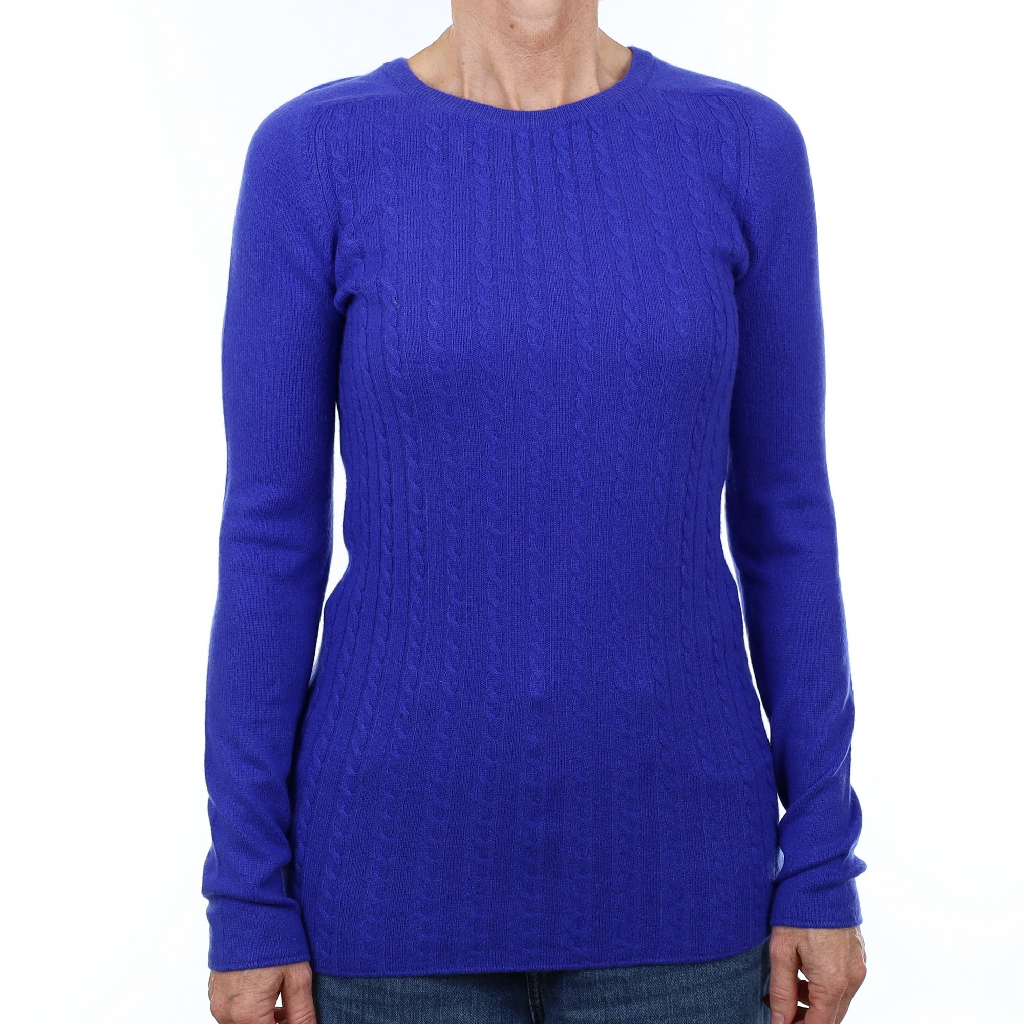 Electric Blue Cable Front Cashmere Crew Neck Jumper Small