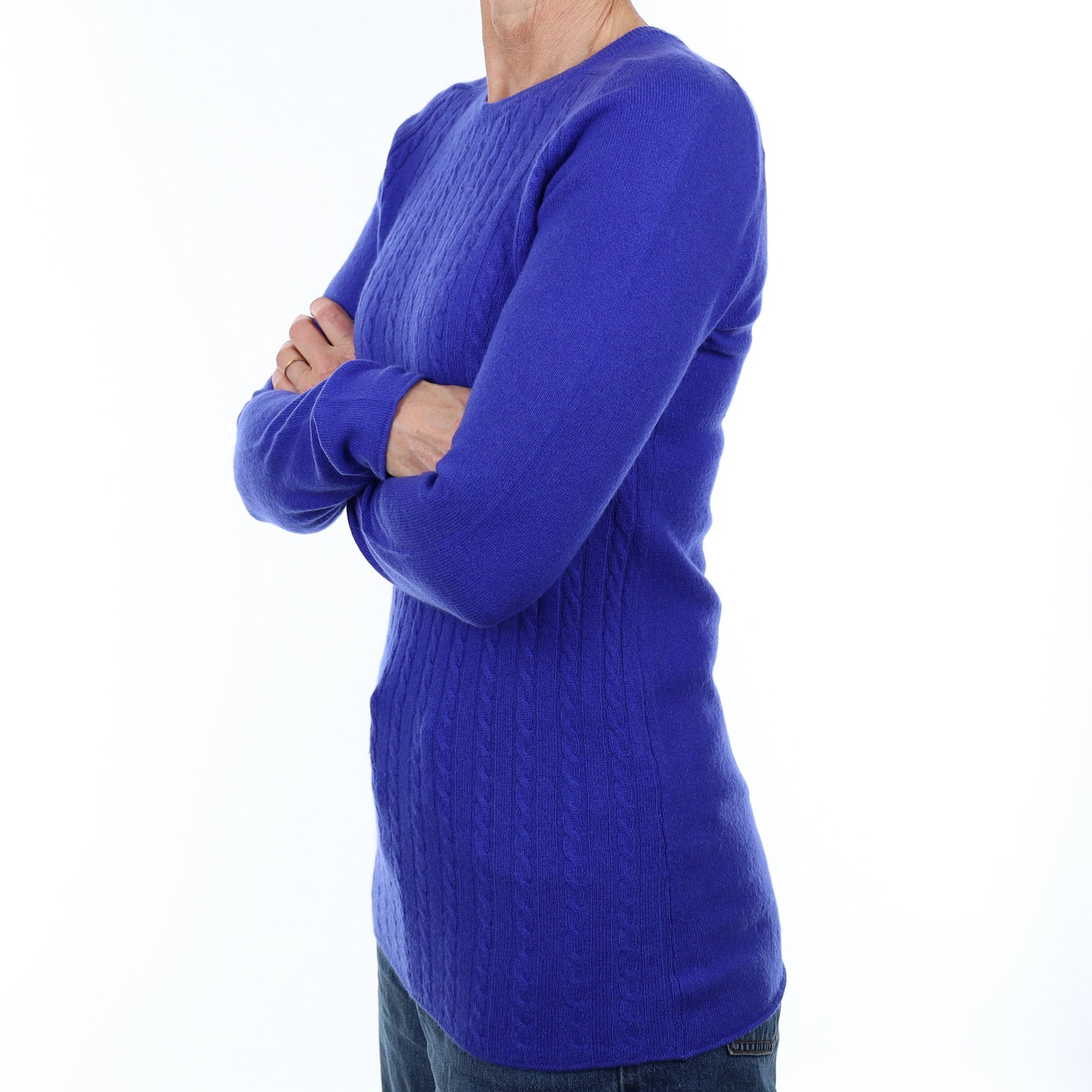 Electric Blue Cable Front Cashmere Crew Neck Jumper Small
