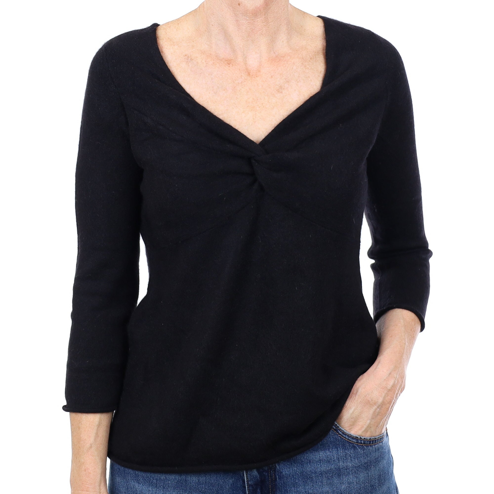 Black Cashmere Knot Front V Neck Jumper Small