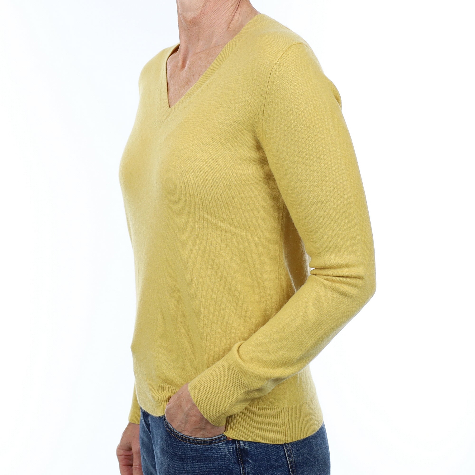 Flaxen Yellow Cashmere V Neck Jumper Small