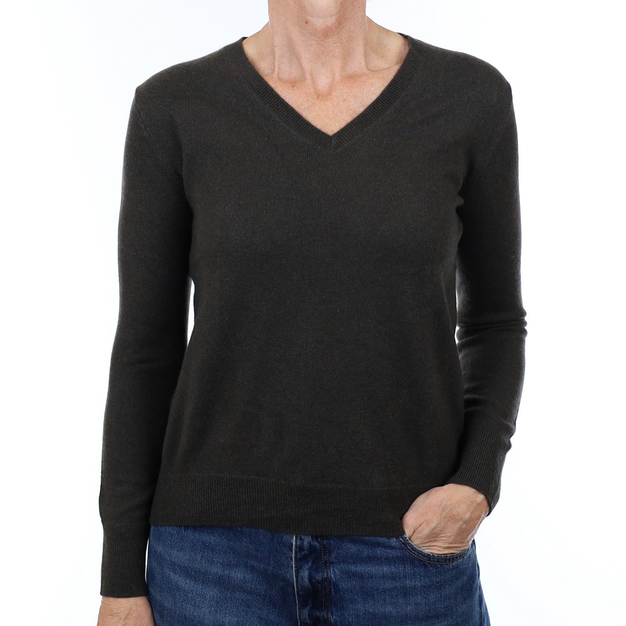 Deep Khaki Brown Cashmere V Neck Jumper Small