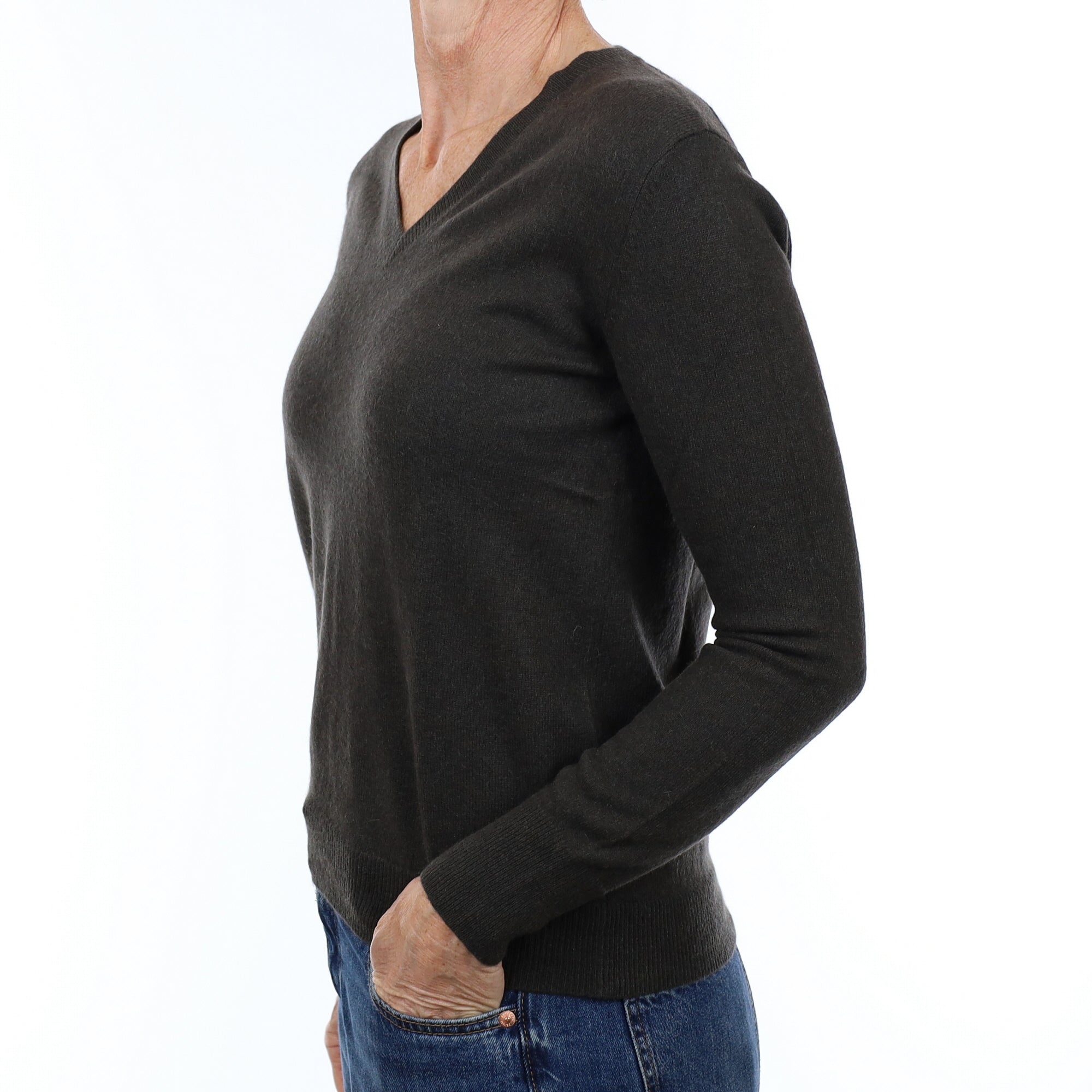 Deep Khaki Brown Cashmere V Neck Jumper Small