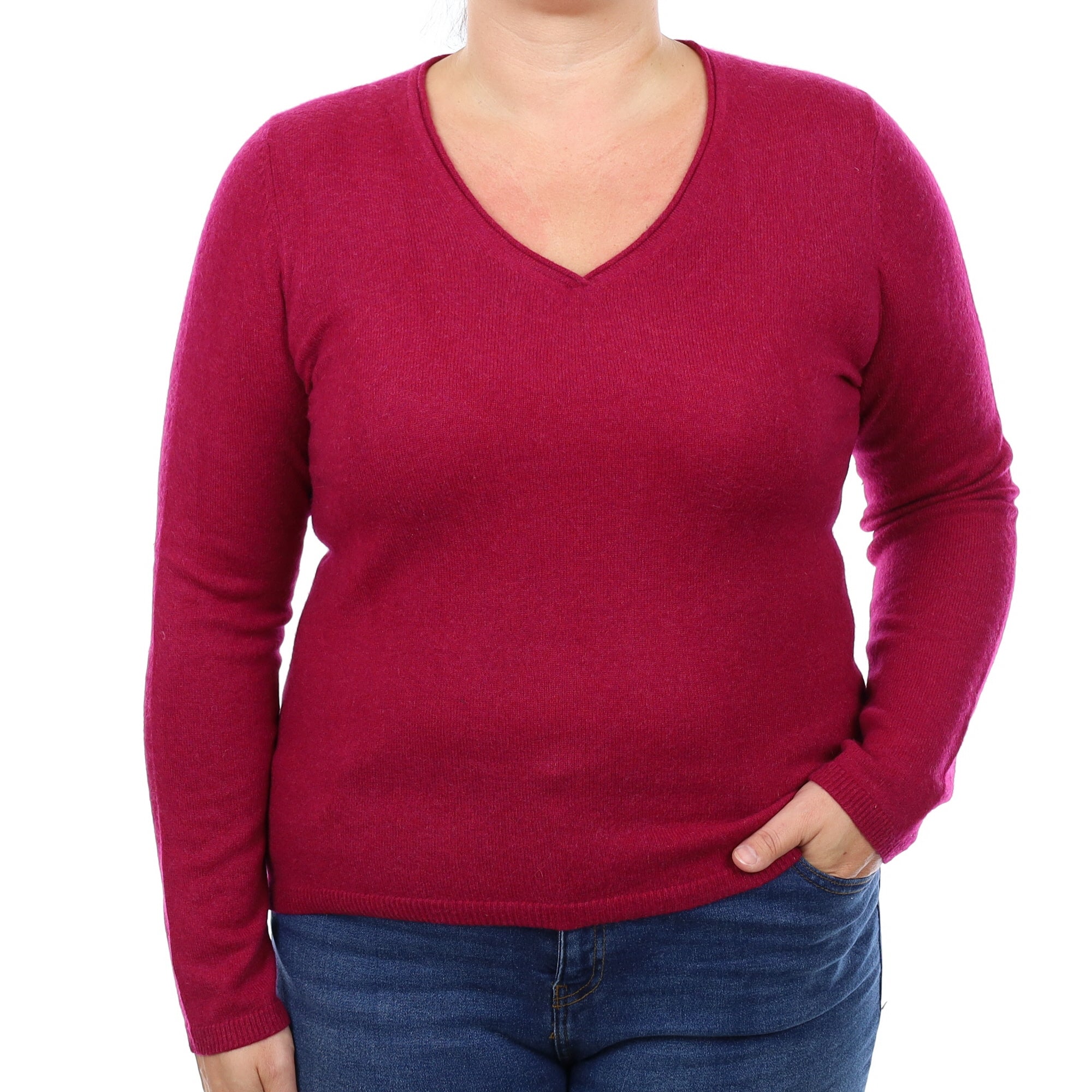 Deep Magenta Purple Cashmere V Neck Jumper Large