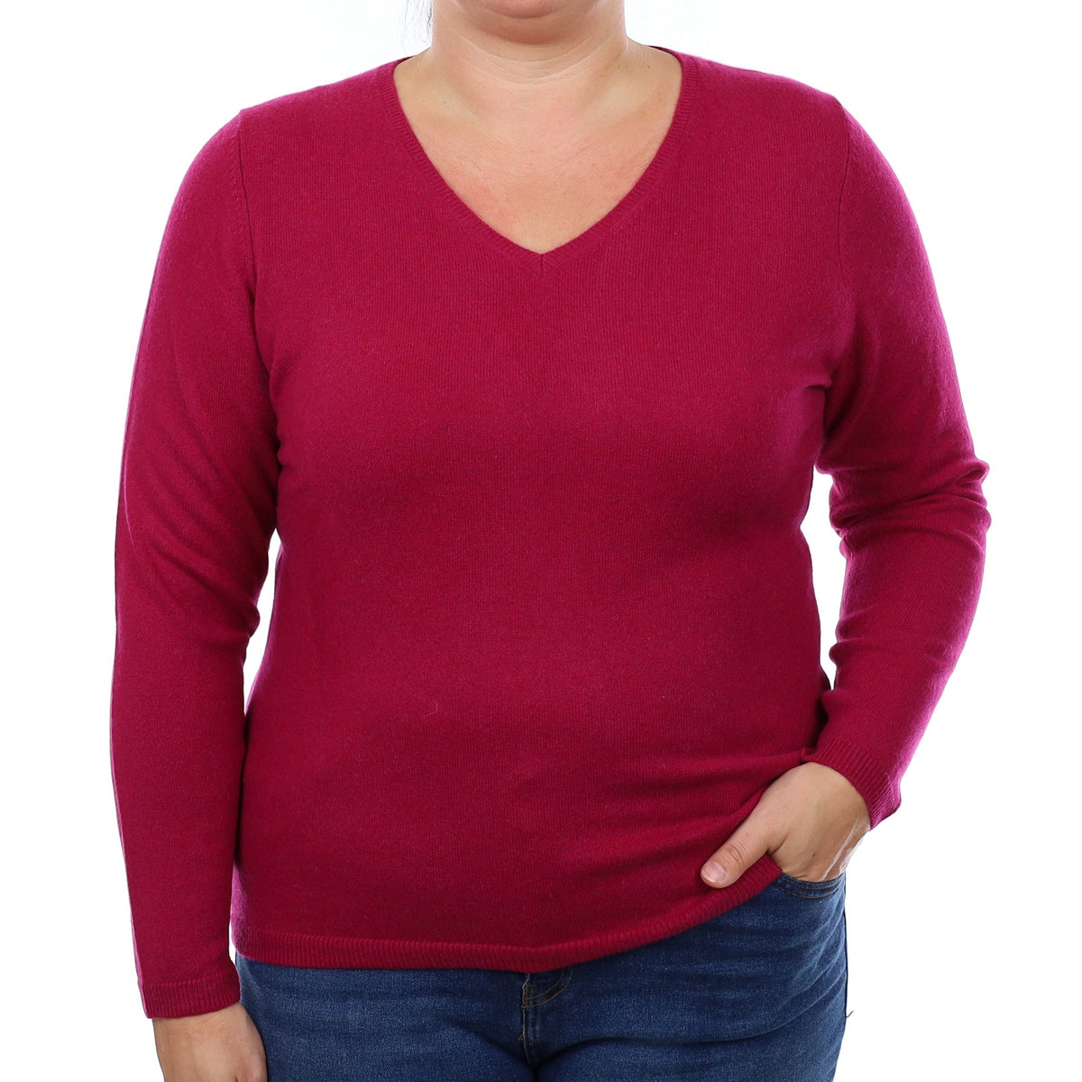 Deep Magenta Cashmere V Neck Jumper Large