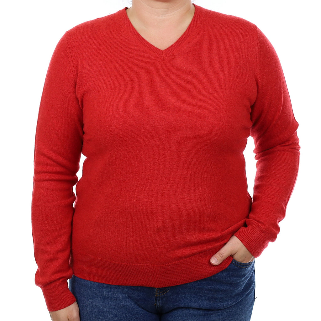 Spanish Red Cashmere V Neck Jumper Large