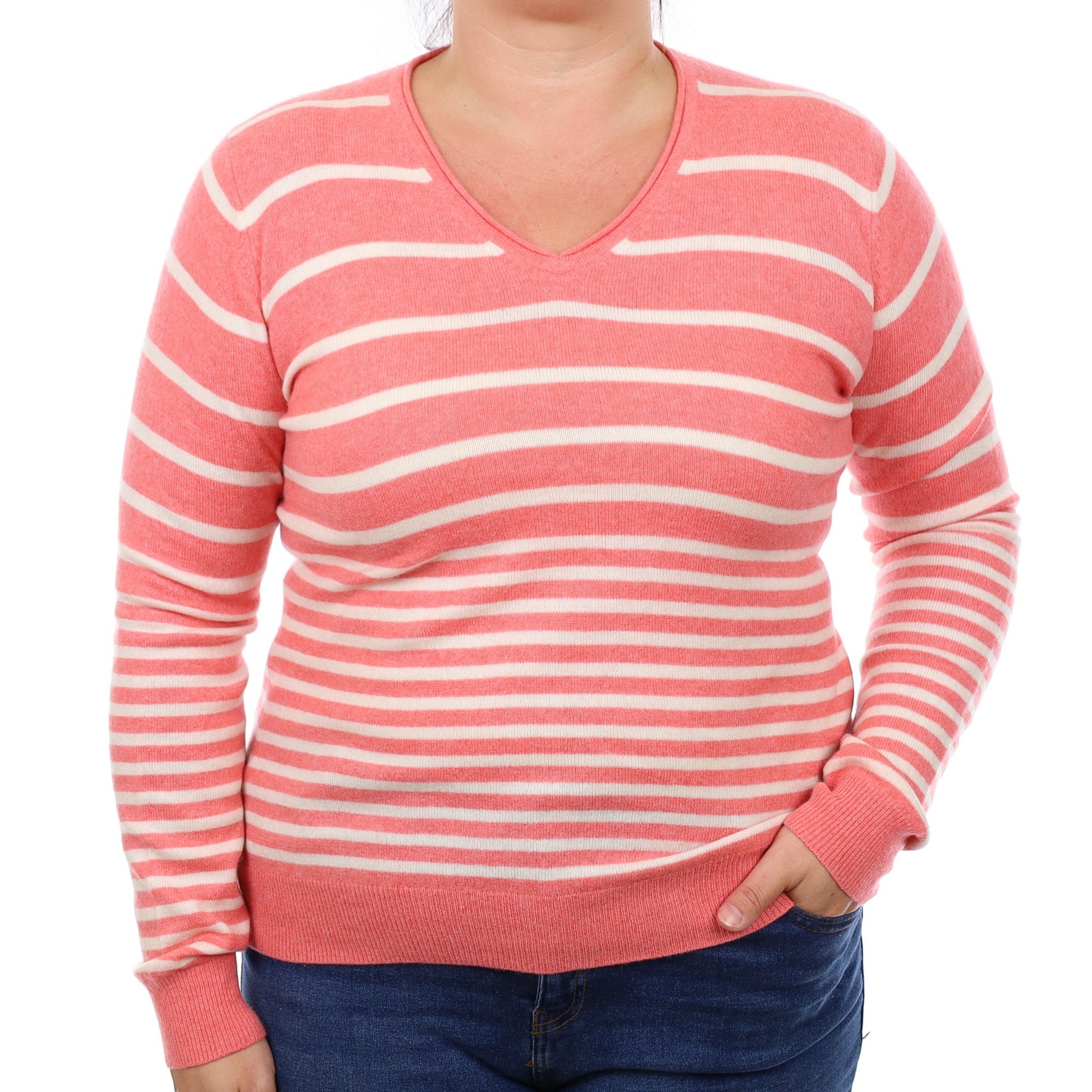 Scottish Coral and Ivory Striped Cashmere V Neck Jumper Large