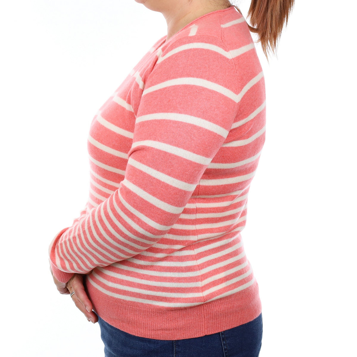Scottish Coral and Ivory Striped Cashmere V Neck Jumper Large