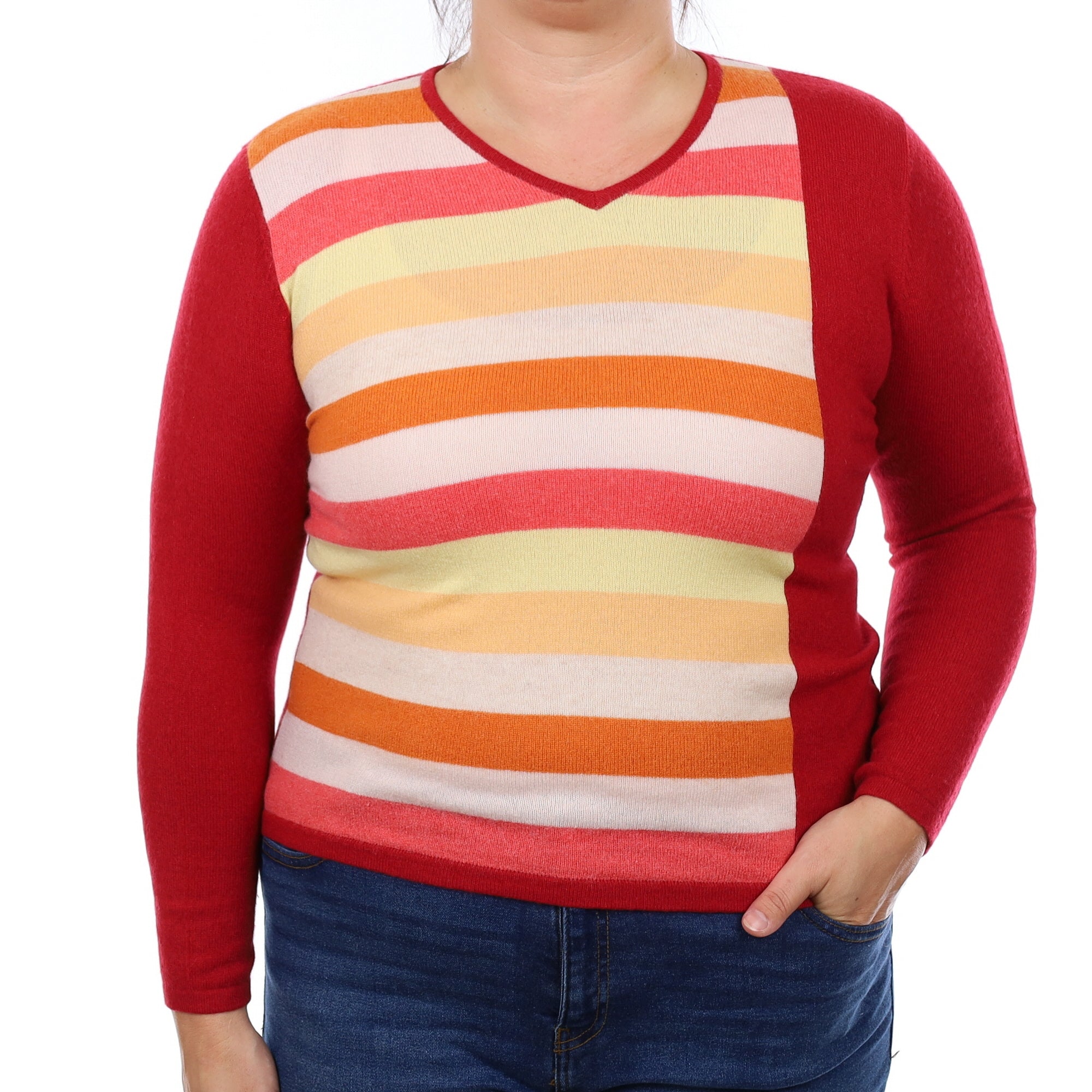 Red and Orange Striped Cashmere V Neck Jumper Large