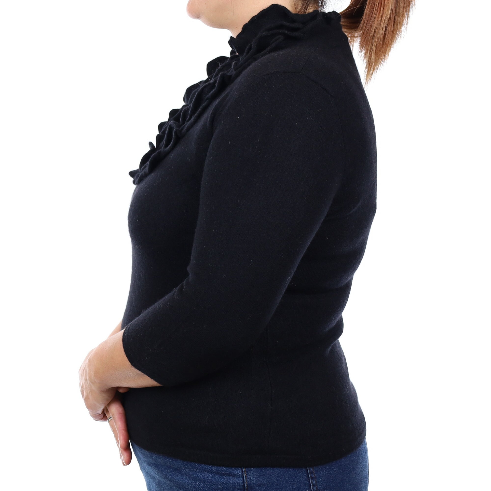 Black 3/4 Sleeve Cashmere Ruffle V Neck Jumper Large