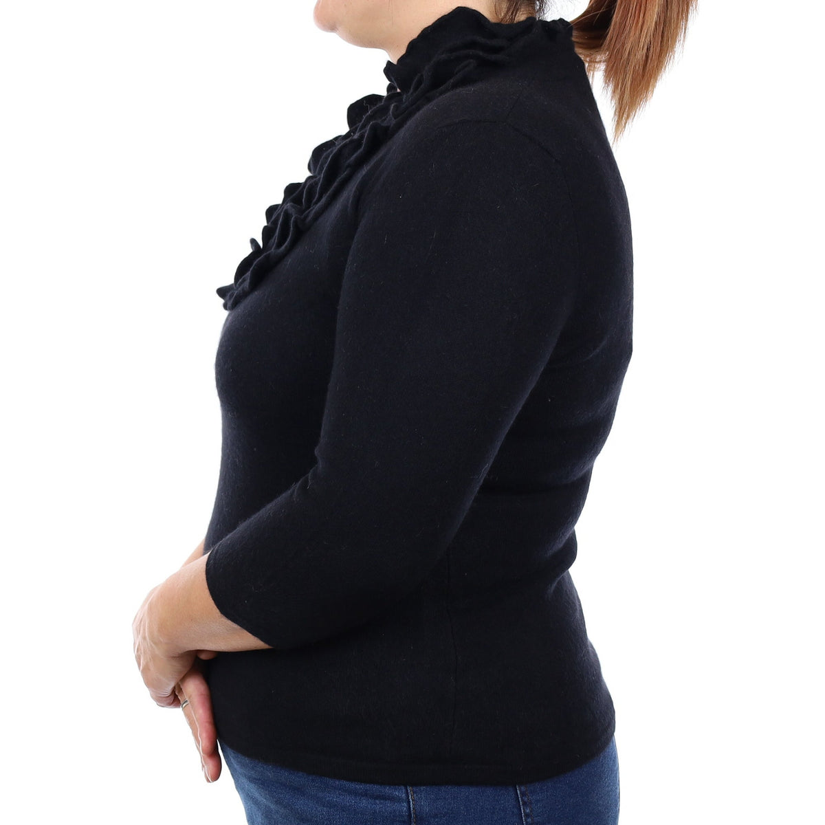 Black 3/4 Sleeve Cashmere Ruffle V Neck Jumper Large