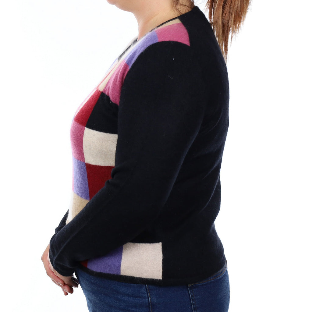 Black Colourful Chequered Cashmere Crew Neck Jumper Large