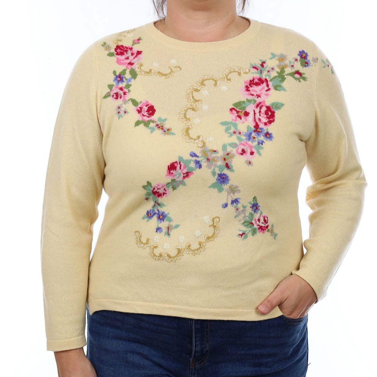 Sand Floral Cashmere Crew Neck Jumper Large