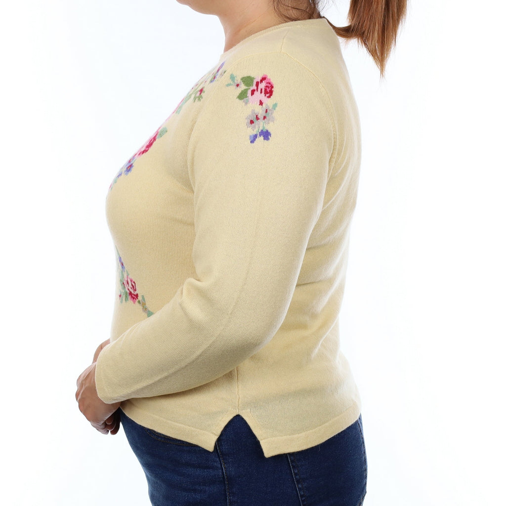 Sand Floral Cashmere Crew Neck Jumper Large