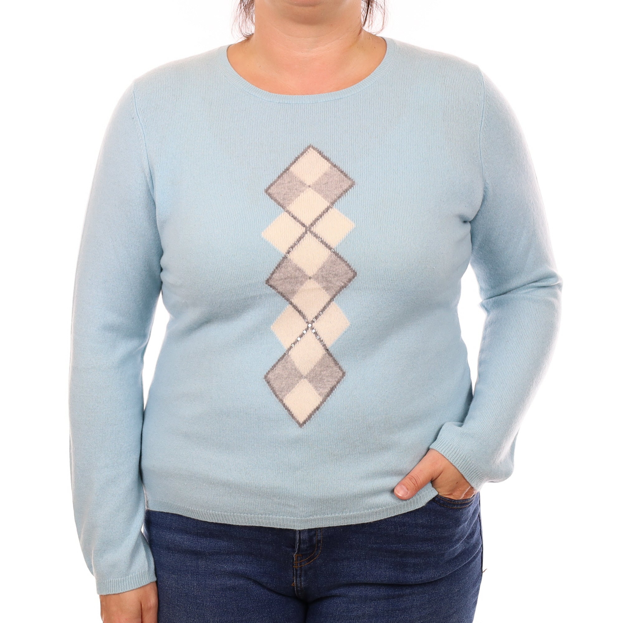 Pale Aqua Diamond Cashmere Crew Neck Jumper Large