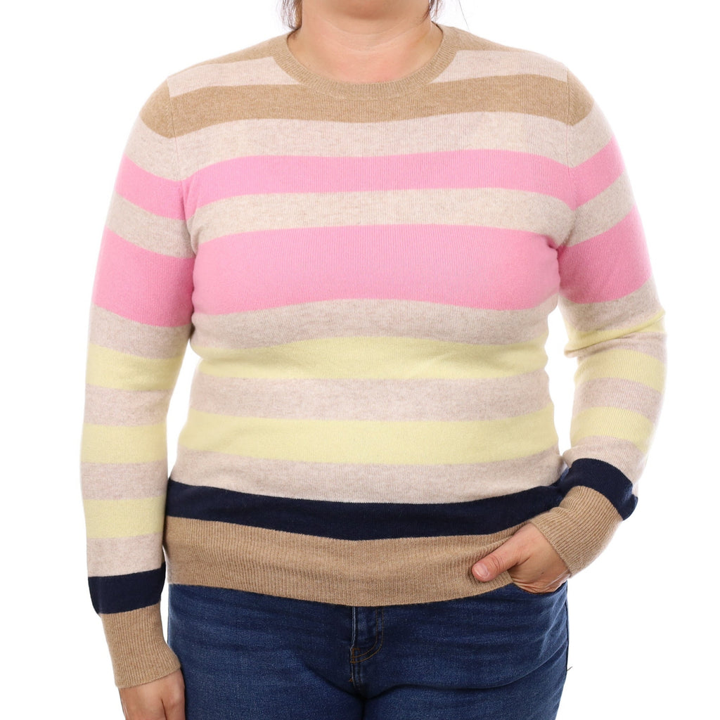 Oatmeal and Candy Striped Cashmere Crew Neck Jumper Large