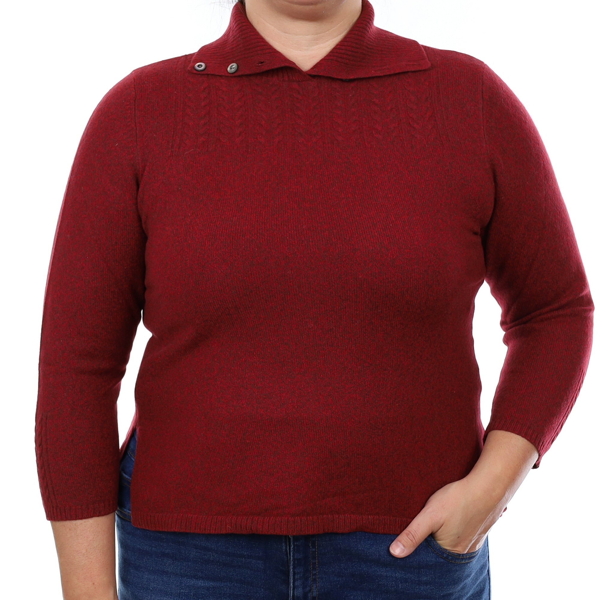 Red Marl Cable Detail Cashmere Button Up Polo Neck Jumper Large