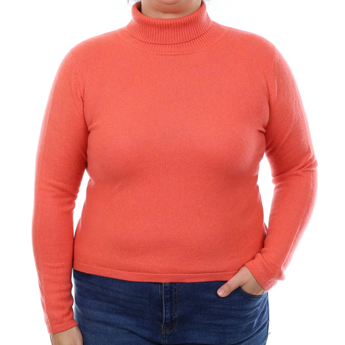 Coral Orange Cashmere Polo Neck Jumper Large