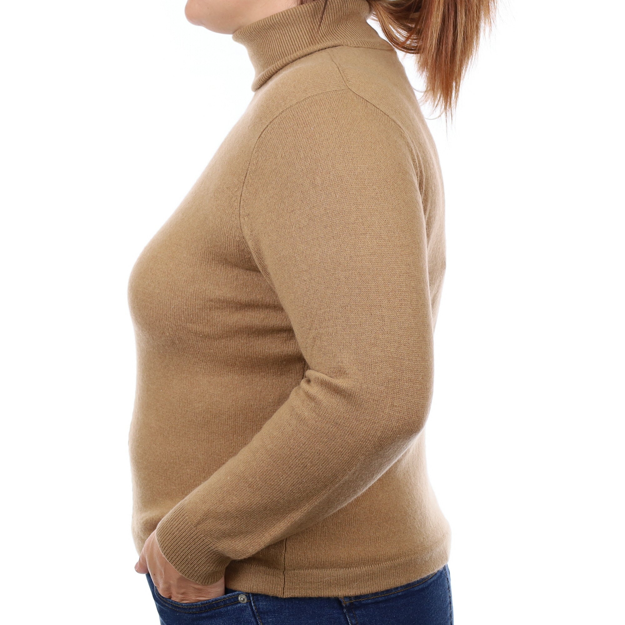 Toffee Brown Cable Detail Cashmere Polo Neck Jumper Large