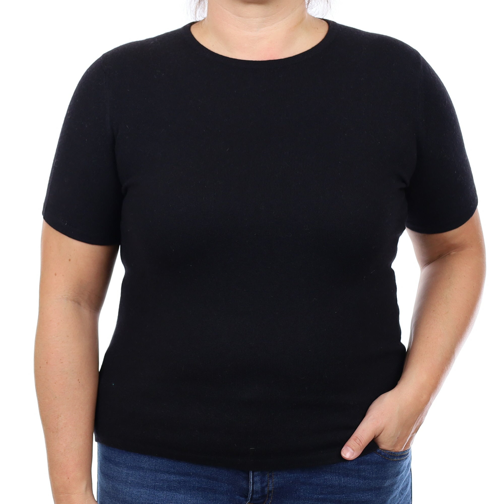Scottish Black Cashmere Short Sleeved Crew Neck Jumper Large
