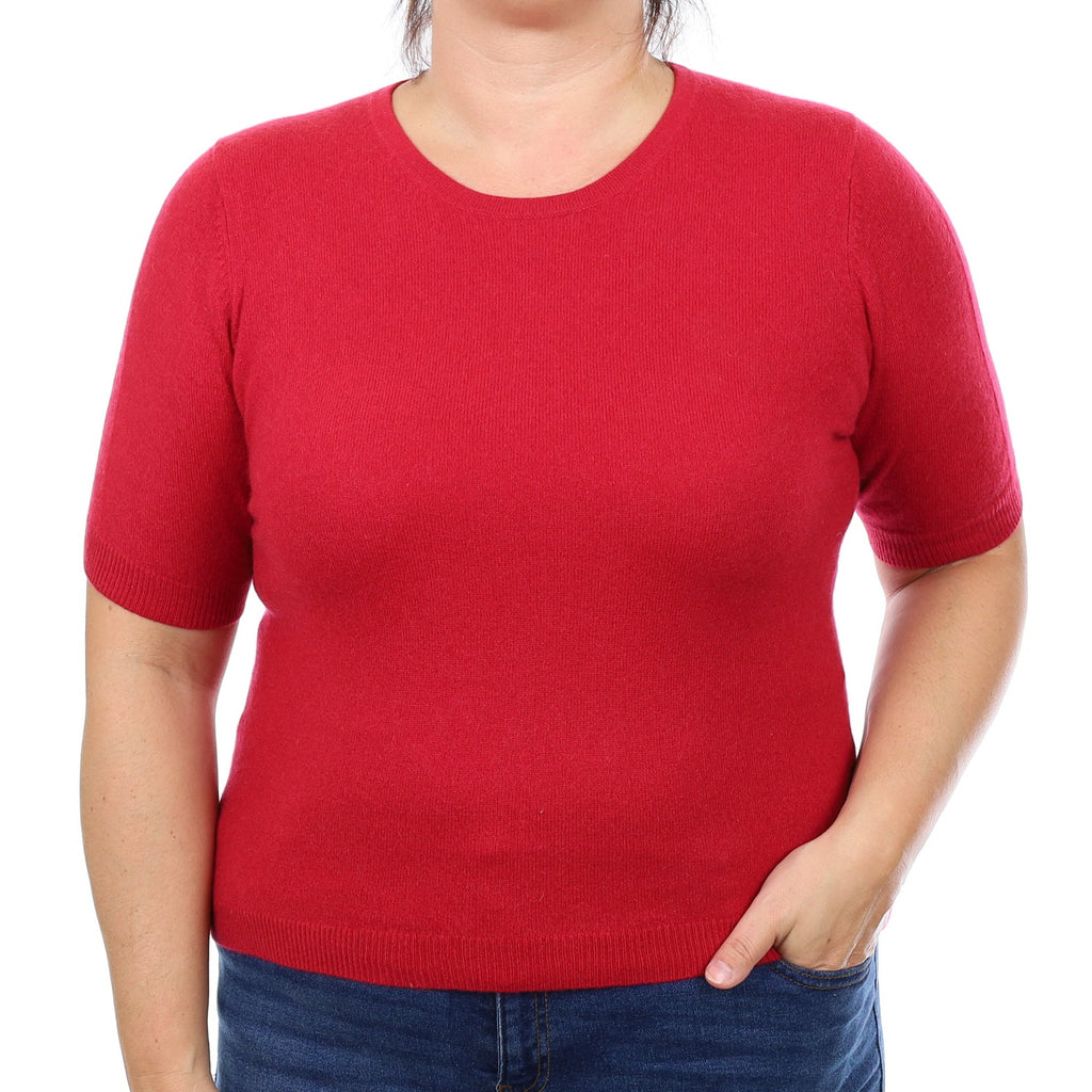 Ruby Red Cashmere Short Sleeved Crew Neck Jumper Large