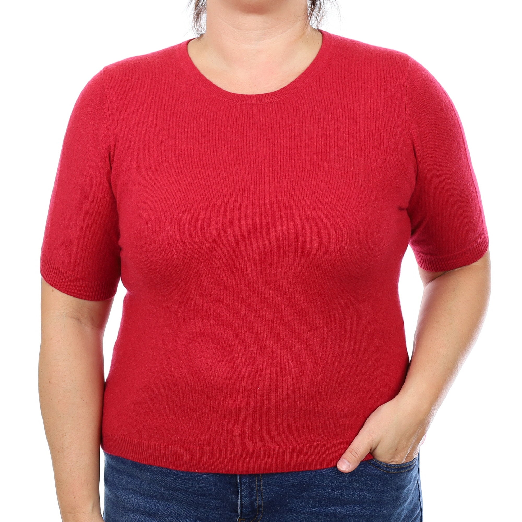 Ruby Red Cashmere Short Sleeved Crew Neck Jumper Large